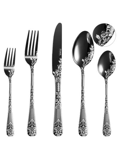 اشتري Floral Damask Rose Black Cutlery Set, 20 Pcs Includes 8 x Spoons, 8 x Forks, 4 x Knife, Stainless Steel, Dishwasher Safe, Mirror Polished Tableware, Durable Flatware, Home Kitchen في السعودية