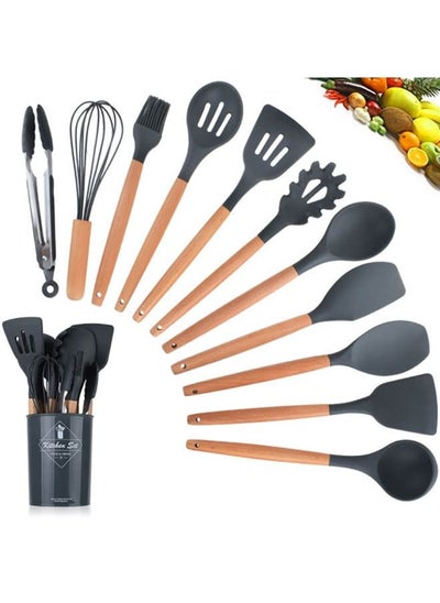 اشتري 11-Piece Wooden Handle Non Stick Cookware Spoon Set Black في السعودية