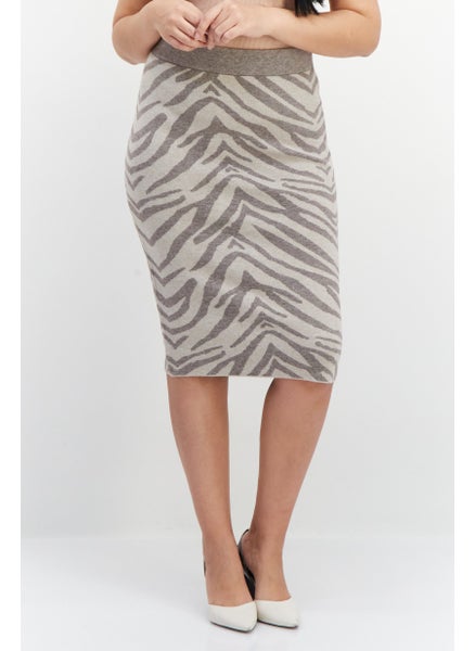 Buy Women Pull On Animal Print Midi Skirt, Grey/Beige in UAE