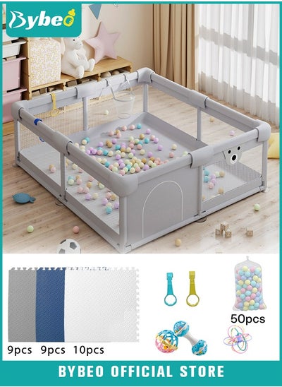 Buy Baby Playpen Fence with Playmat, Sturdy Playard for Toddler, Infant Indoor & Outdoor Kids Activity Center With 50 PCS Ocean Balls and 3 Toys, 150*150CM in UAE