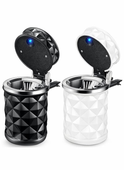 Buy Car Ashtray with Lid Smell Proof Blue LED Light Hanging Car Mini Trash Can, Universal Luminous Car Jar for Most Cars, Family Office (Black, White) in Saudi Arabia