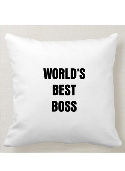 اشتري وسادة مربعة بطبعة تصميم "WORLD`S BEST BOSS " بلون أبيض مقاس 40x40سم في السعودية