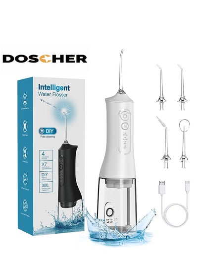 Buy Portable Water Dental Flosser For Teeth Cleaning Dental Oral Irrigator With 4 Modes Scalable 4 Jet Nozzles IPX7 Water Resistance 300ML in UAE