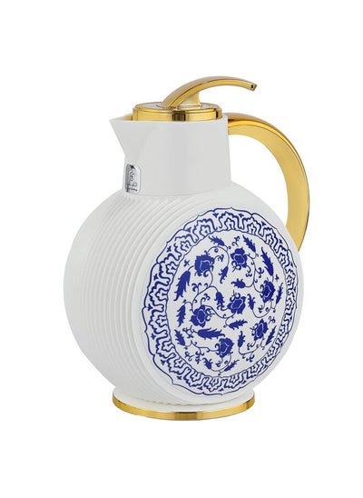 Buy Al Jawhara thermos, white, blue rose pattern, golden handle, 0.9 liters in Saudi Arabia