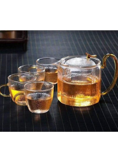 Buy 600 ML Hammered-pattern Heat-resisting Glass Teapot with 4 Pieces teacups Set - Upright-mouth in UAE