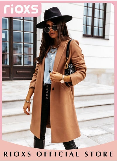 Buy Women's Fall Winter Medium Length Trench Coat Double-Sided Wool Tweed Slim Coat Outdoor Windproof Coat in UAE