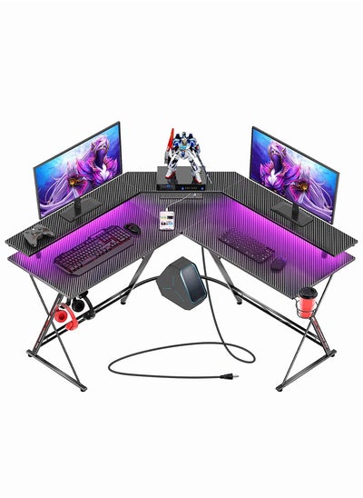 Buy Chulovs Gaming Desk 126Cm With Led Strip & Power Outlets, L-Shaped Corner Desk Carbon Fiber Surface With Monitor Stand, Table With Cup Holder, Headphone Hook 126X126X91 Cm in UAE