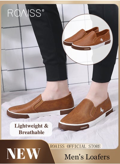 Buy Fashion Business Leather Flat Shoes for Men Simple Pattern Round Toe Low Top Soft Sole Casual Slip-On Shoes Mens Wear Resistant Anti Slip Breathable Comfort Driving Shoes in Saudi Arabia