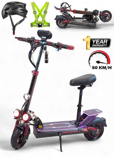 Buy Electric Folding Scooter with RGB Lights, 2000W Motor, 48V 15Ah Battery, Max Speed 80 KM/H, 40 KM Range, 10-Inch Wheels, Seat Included, Remote Lock, Big Digital Display, Bright Triple Headlights in UAE