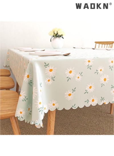 Buy PVC Dining Table Cover with Enhanced Durability - Large Plastic Tablecloth for 4-Person Table, Featuring Vibrant Green Daisy Flower Print, Oil-Resistant & Waterproof for Extended Protection & Easy Maintenance in Saudi Arabia