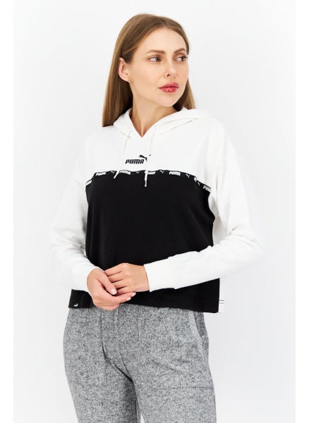 Buy Women Sportswear Fit Hooded Long Sleeves Brand Logo Sweatshirt, Black/White in UAE