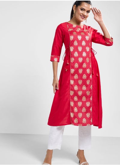 اشتري Silk With Gold Print Red Kurta في الامارات