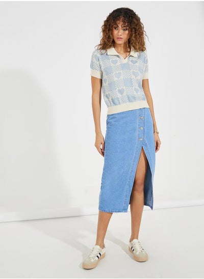 Buy Solid Denim Midi Skirt with High Slit & Button Detail in Saudi Arabia