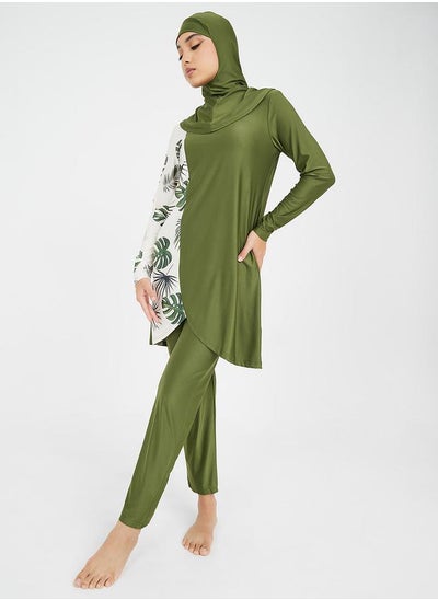 اشتري Pack of 3 - Leaf Print Panel Burkini, Leggings & Head Scarf في السعودية