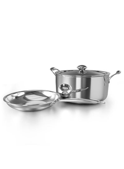 Buy 3 Pieces Tri-Ply Stainless Steel And Aluminium Frying Pan And Sauce Pan With Steel Lid, Oven Safe, Dishwasher Safe, Healthy Non-Stick Interior, Induction Cooking Pot in Saudi Arabia