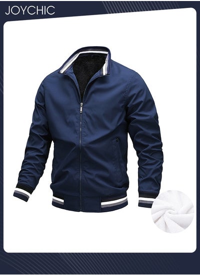 اشتري Casual Autumn and Winter Solid Color Lightweight Jacket Velvet Cotton Windproof Waterprood Warm Zipper Coat for Men Outdoor Blue في السعودية