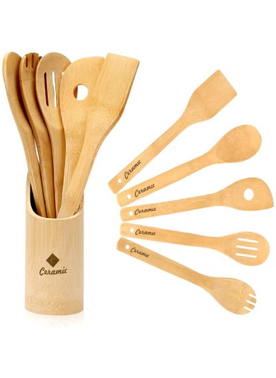 اشتري Wooden Spoons For Cooking 6 Piece Organic Bamboo Utensil Set With Holder Wood Kitchen في الامارات