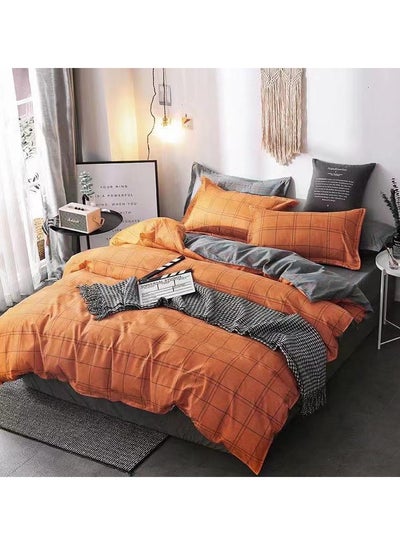 Buy Single Size Double Reversible Orange and Grey Comforter Set Plaid Strip Nordic Bedding Set 6Pcs Lightweight Soft Cotton Comforter with Fitted Sheet and 4 Pillowcases 160x200 cm in UAE