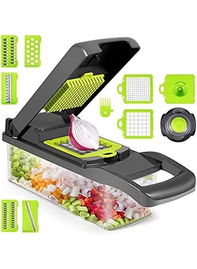 اشتري Vegetable Shredder Slicer - 12-in-1 Onion Shredder Fruit Shredder Mandolin Slicer Food Chopper/Cutter with 7 Stainless Steel Blades, Adjustable Slicer and Dicer with Storage Container في السعودية