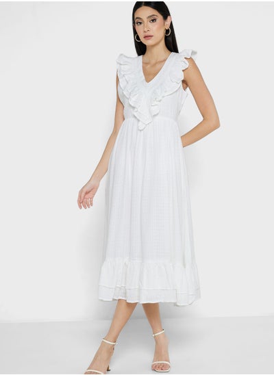 Buy V-Neck Ruffle Detail Dress in Saudi Arabia