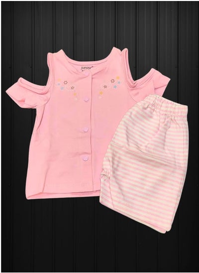 Buy Junior Baby Girls Pink Top and Striped Shorts Set - Adorable Short-Sleeve Cold Shoulder Top with Floral Embroidery and Matching Striped Shorts, Comfortable and Perfect for Summer, Easy Diaper Changes in Egypt