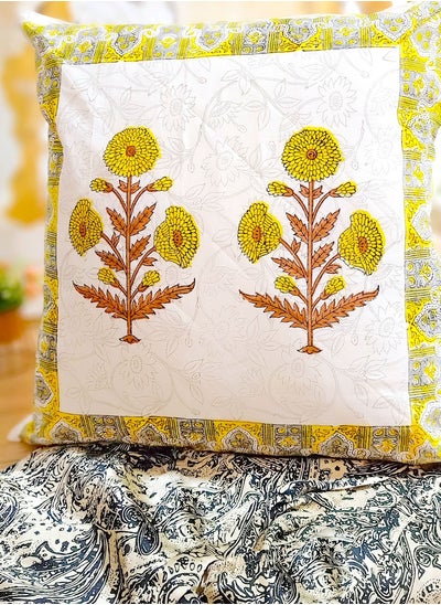 Buy Yellow Floral Hand Printed Premium Organic Cotton Quilted Cushion Cover 65 X 65 Cm in UAE