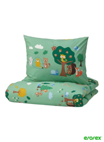 Buy Duvet cover and pillowcase forest animal pattern multicolour 150x200/50x80 cm in Saudi Arabia