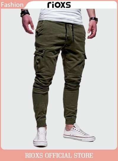 Buy Men's Cargo Pants Casual Sports Sweatpants Running Jogging Workout Drawstring Athletic Trousers With Multiple Pockets in UAE