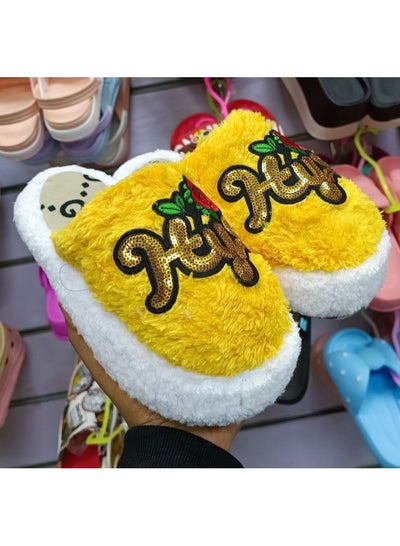 Buy Women's winter home slipper with embroidered fur, yellow color in Egypt