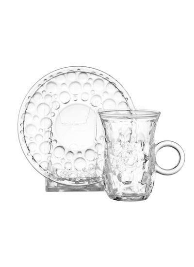 Buy Tea set consisting of 6 cups + 6 saucers made of clear glass with elegant and modern engravings in Saudi Arabia