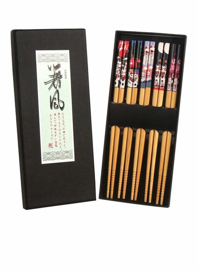 Buy Bamboo Chopsticks Premium 5 Pack Japanese Reusable Chopsticks with Fortune Cat Print Natural Food Grade Chop Sticks for Sushi Asian Dishes in UAE