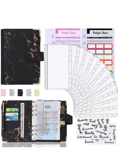 اشتري Budget Book with Cash Envelopes A6 Budget Binder with Marble Texture Pattern PU Leather Notebook Cover Zipper Envelopes Lable Stickers Ruler Used as Money Organizer System Bill Money Card (Black) في السعودية