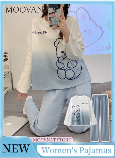 اشتري 2-Piece Women's Pajamas Set Long Sleeve Pants Skin Friendly Home Wear Sleepwear Soft Cute Sweet Pajamas set Loungewear White/Blue في السعودية