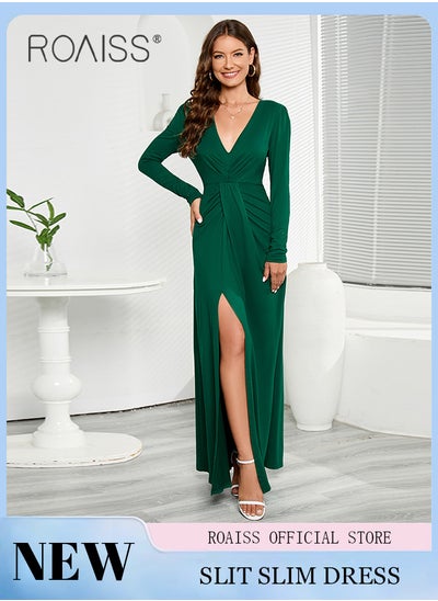 Buy V Neck Long Sleeve Slit Dress for Women Advanced Solid Color Polyester Pleated Waist Slim Floor-Length Skirt Ladies Elegant Temperament Comfortable Skin-Friendly Breathable Banquet Dress in Saudi Arabia