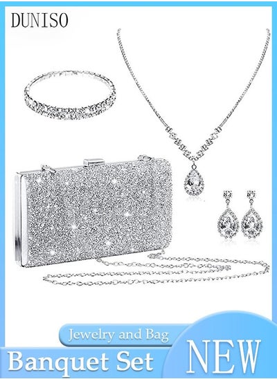 Buy 4Pcs Clutch Bag Rhinestone Jewelry Set with Necklace Earrings Bracelets Rhinestone Purse Bag Evening Bag Wedding Bridal Bridesmaid Costume Jewelry Set for Women and Girls Dress Accessories in UAE