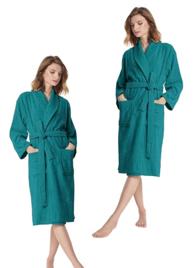 Buy 2 Pieces Peacock Green Colour Terry Check Design  Bathrobe XXXL Size with Double Front Pockets in UAE