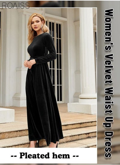 اشتري Women's Fashionable Velvet Dress Long Sleeve Round Neck Banquet Dress Elegant Pleated Dress Hem Belt Tightens Ankle Length في السعودية