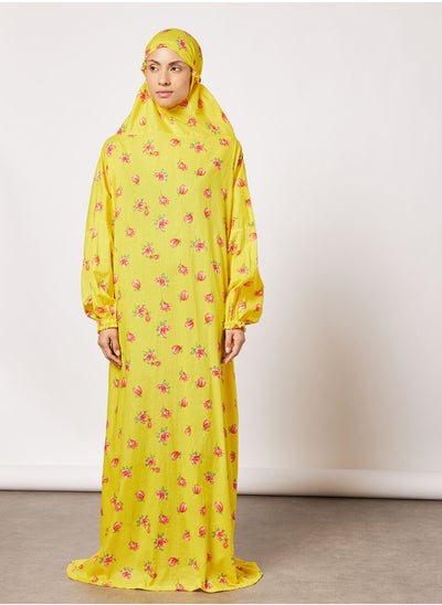 Buy Floral Printed Slip On One Piece Prayer Dress With Attached Hijab in Saudi Arabia