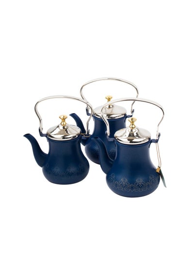 Buy Steel tea pot set 3 pieces blue color laser engraved in Saudi Arabia