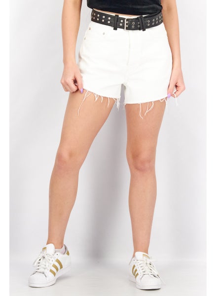 Buy Women Solid Denim Belted  Shorts, White in Saudi Arabia