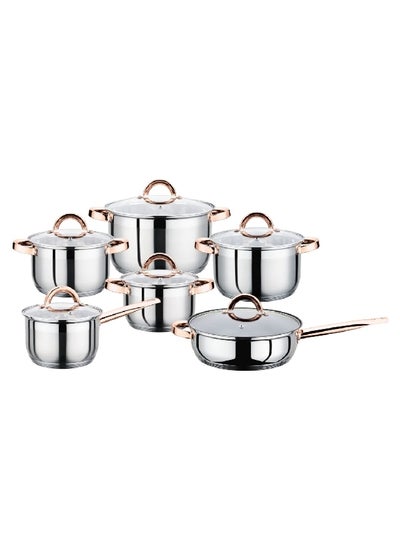 Buy 12-Piece Durable High Quality Cookware Set with Glass Lid Silver and Gold 23.5 x 27.5 x 53.5 cm PF-GD in Saudi Arabia