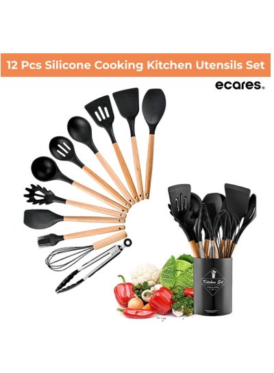 Buy ECARES® 12 Pcs Silicone Cooking Kitchen Utensils Set, Heat Resistant, Wooden Handles, BPA Free Non-Toxic Silicone, Brush Ladle Server Spatula Spoon Tongs Turner Whish, for Nonstick Cookware, Black. in UAE