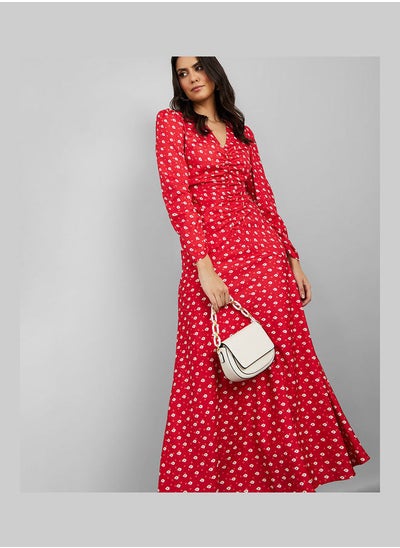 Buy Long Sleeves Printed A-Line Maxi Dress with Gathered Detail in Saudi Arabia