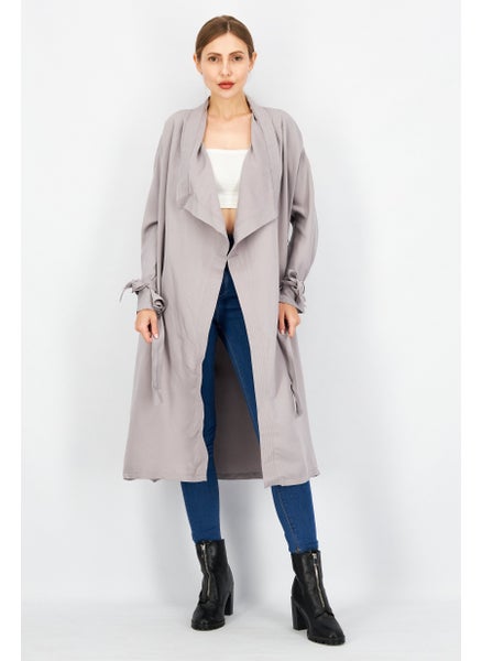 Buy Women Belted  Long Sleeves Coat, Grey in UAE