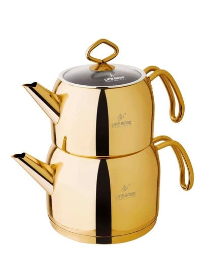 Buy Scratch Proof 18&10  Stainless Steel Double Tea Kettle Teapot with Induction Bottom Gold 2 Liter in UAE