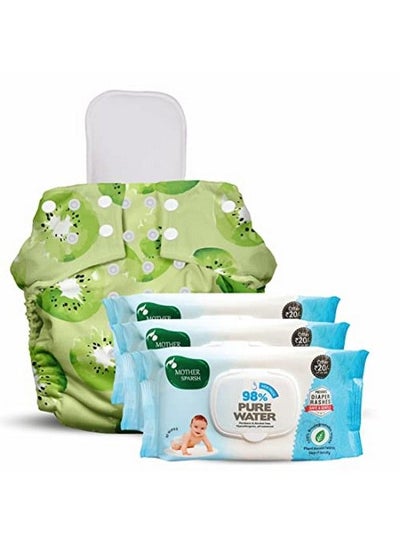 Buy Combo Of 98% Pure Water Based Wipes With Plant Fabric 80 Pcs (Pack Of 3) And Nappers Reusable Cloth Diaper With 1 Dry Absorbent Soaker Pad (Krazy Kiwi)) in Saudi Arabia