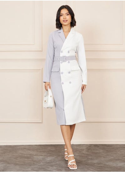 Buy Colorblock Flap Pocket Detail Belted Blazer Midi Dress in Saudi Arabia