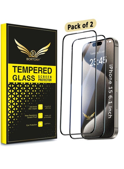 Buy iPhone 15 Screen Protector Full Coverage Military-Grade Protection HD Clear Anti-Fingerprint 9H Tempered Glass Film Easy Installation for iPhone 15 6.1"-2 Pack in UAE