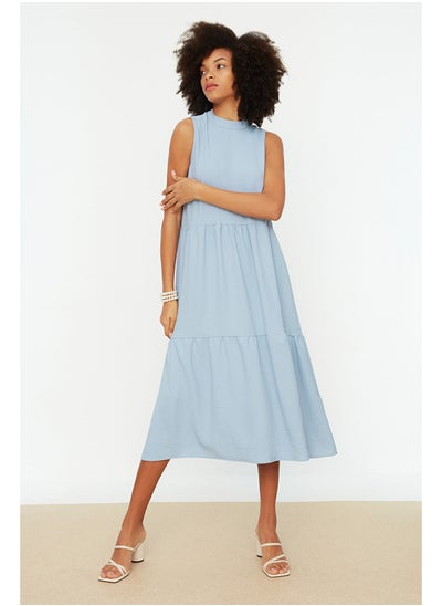 Buy Light Blue Straight Cut Stand Collar Midi Woven Woven Dress TWOSS20EL1864 in Egypt