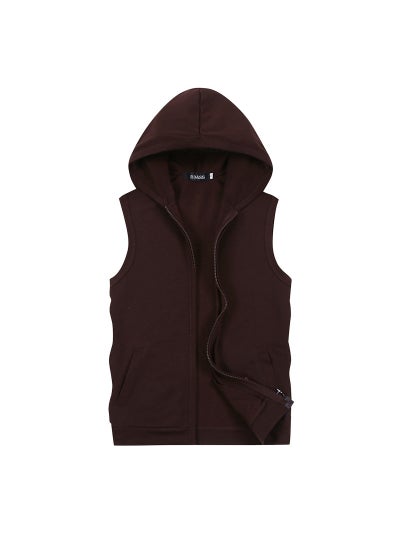 اشتري 2023 foreign trade summer new mens solid color slim hooded vest plus size fashion casual sports cardigan jacketBrown Brown في الامارات